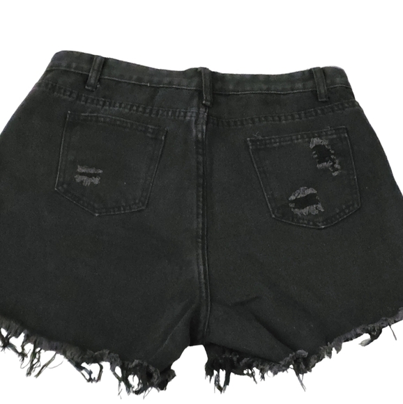 Black Distressed Frayed Detail Fringe Rhinestone Denim Shorts - Picture 6 of 11